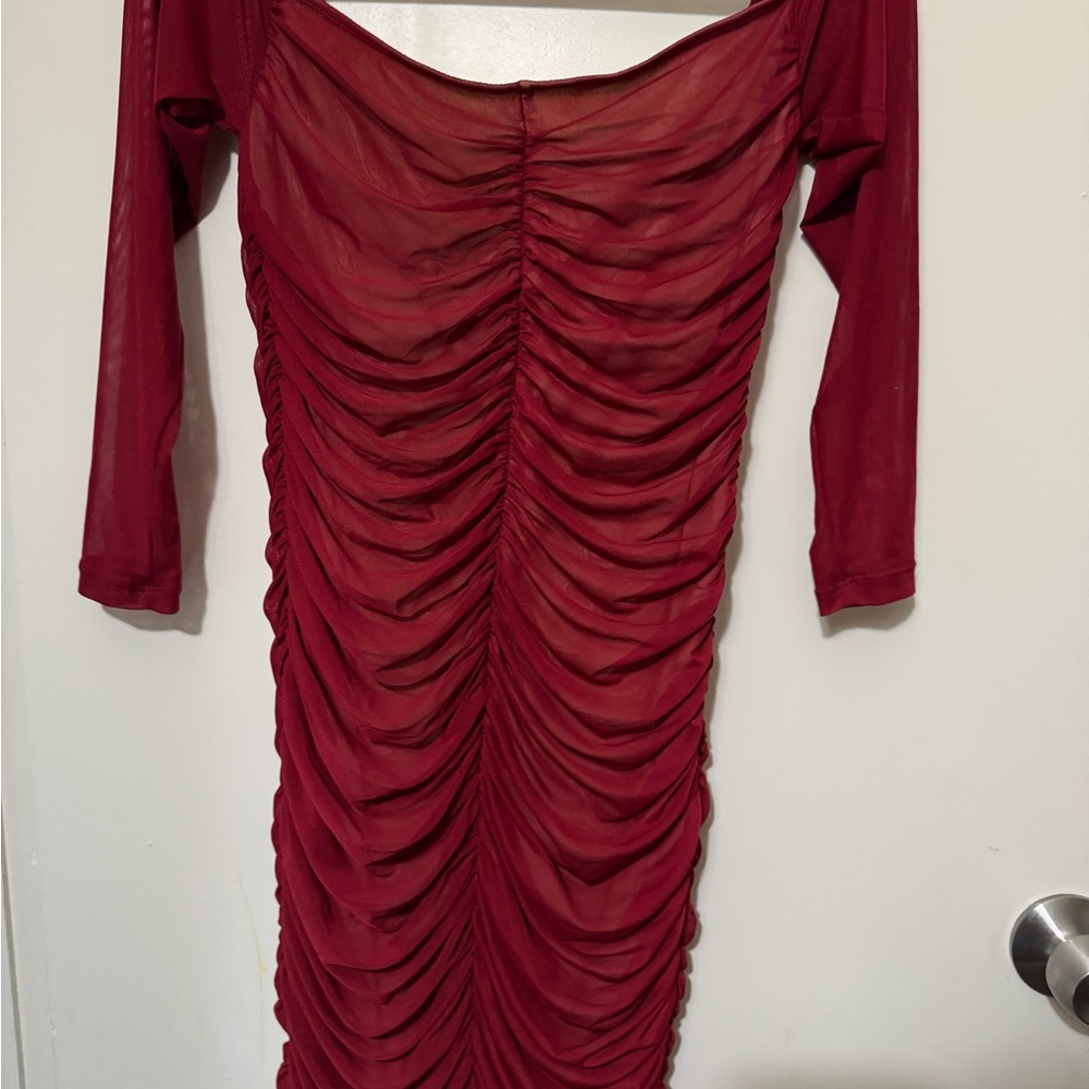 SHEIN Burgundy Ruched Long Sleeve Dress - Picture 2 of 2